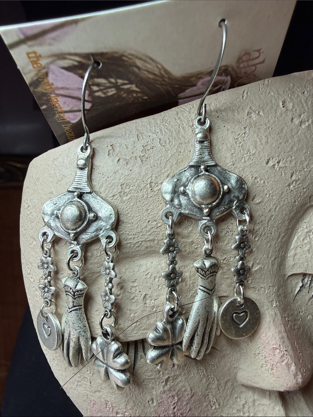 Silver-Tone Bohemian Dangle Earrings with Hand & Flower Charms
